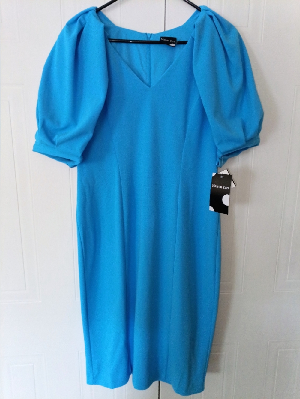 Maison Tara Peri Blue Puff Sleeve Dress Size 12 NWT V-Neck Mini